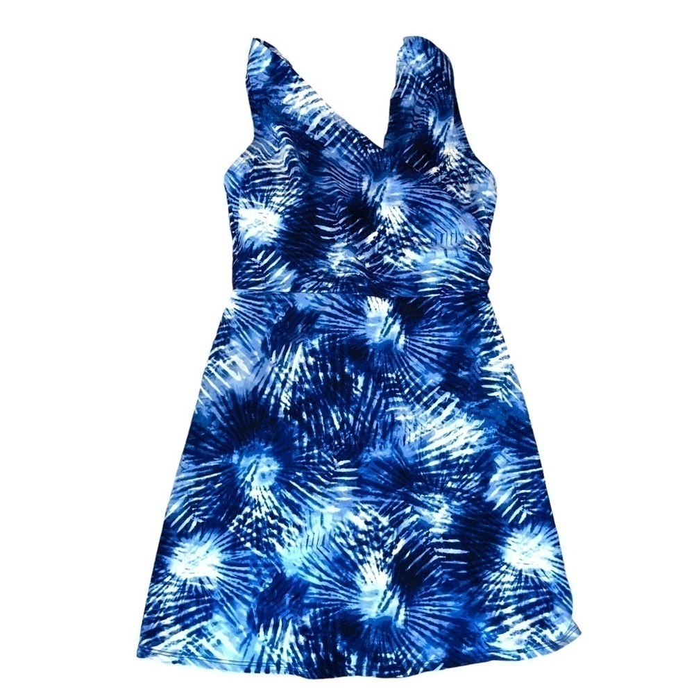 NEW - LANDS’ END Blue & White Crossover V-Neck One Piece Tank Swim Dress Size 6